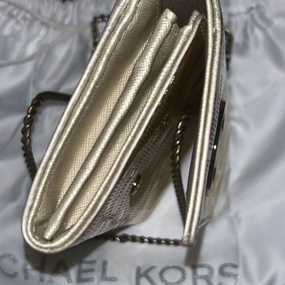 MK Metallic Gold Logo print patent leather large wallet. EUC. 0 call outs - Picture 9 of 11